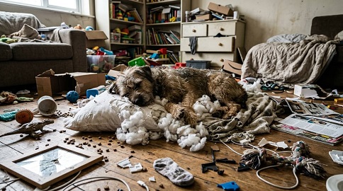 Antes: Perro con ansiedad por separación destruyendo sofá y objetos