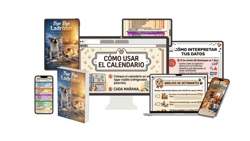 Mockup del Ebook 'Bye Bye Ladridos' + Bonos en laptop, tablet y teléfono - guía digital para ansiedad por separación en perros
