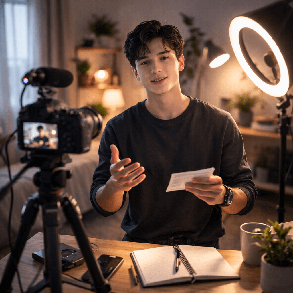 Persona hablando con confianza a la cámara